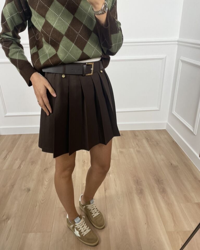 Lyra Kahverengi Premium Kemerli Pileli Etek