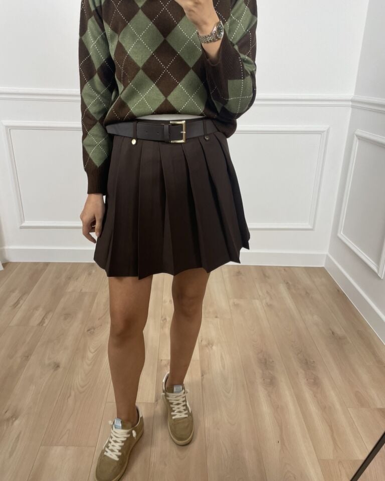 Lyra Kahverengi Premium Kemerli Pileli Etek