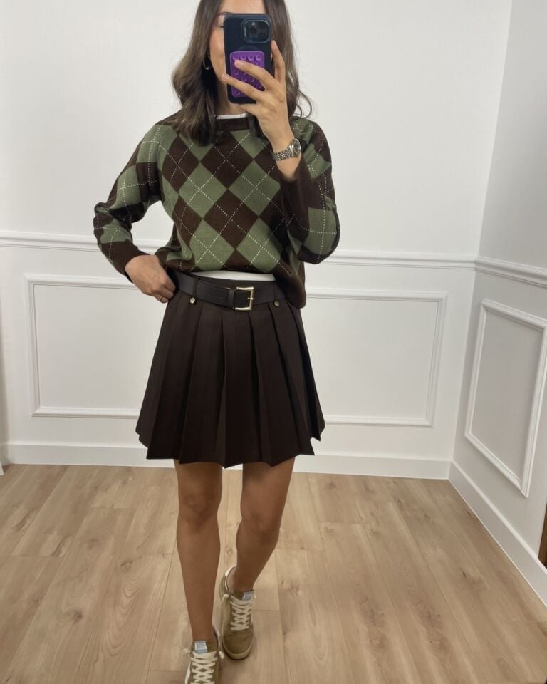 Lyra Kahverengi Premium Kemerli Pileli Etek