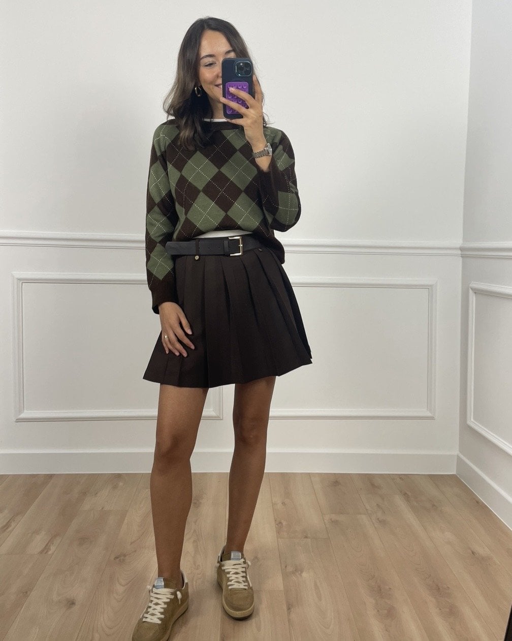 Lyra Kahverengi Premium Kemerli Pileli Etek