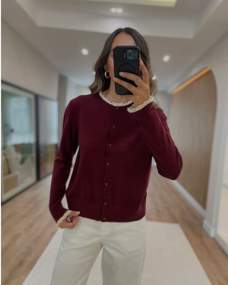 Lova Bordo Dantel Detaylı Hırka