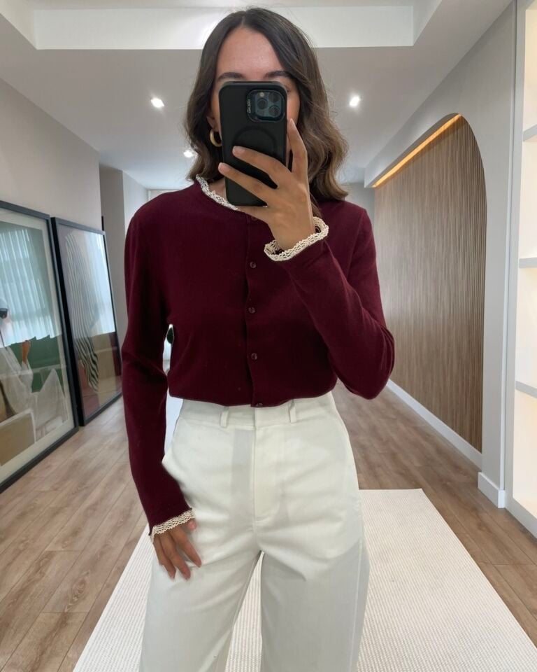 Lova Bordo Dantel Detaylı Hırka