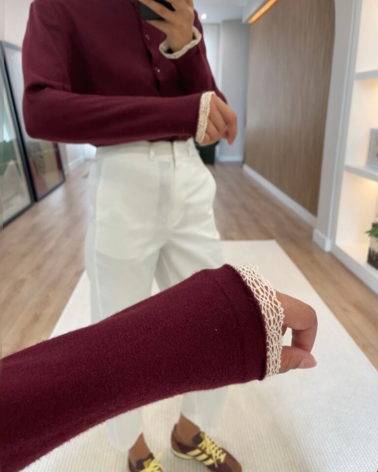 Lova Bordo Dantel Detaylı Hırka