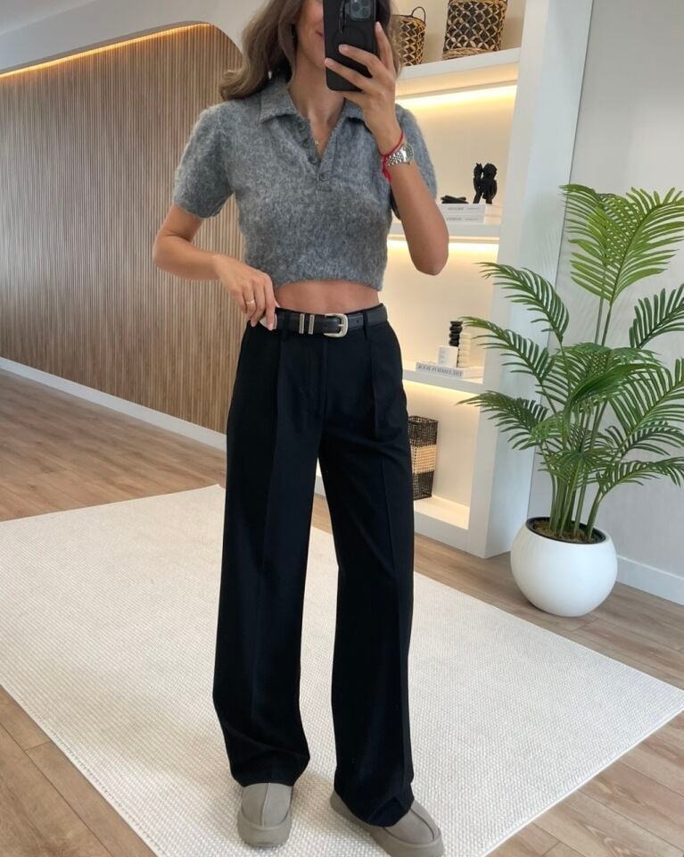 Perla Siyah Beli Lastikli Premium Palazzo Pantolon