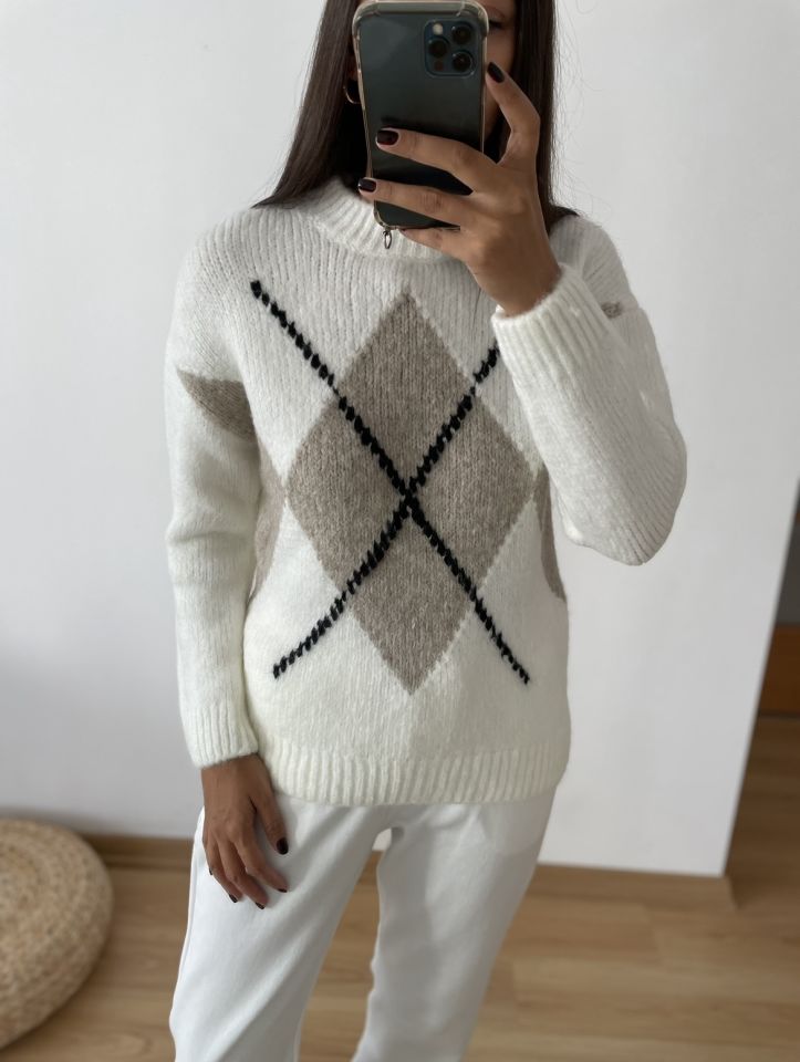 Mirabel Ekru Baklava Desen Yumoş Kazak