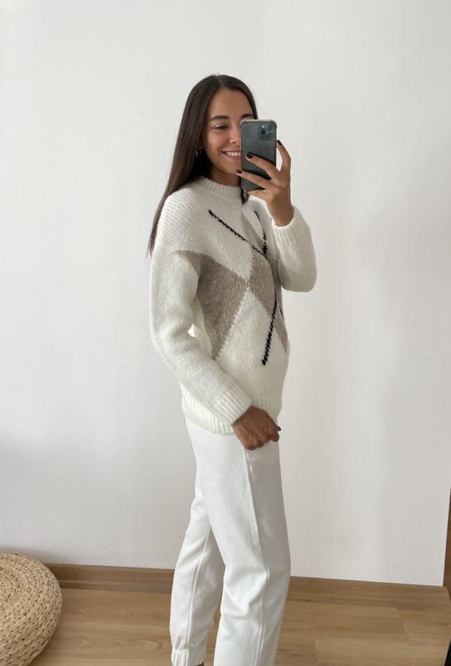 Mirabel Ekru Baklava Desen Yumoş Kazak