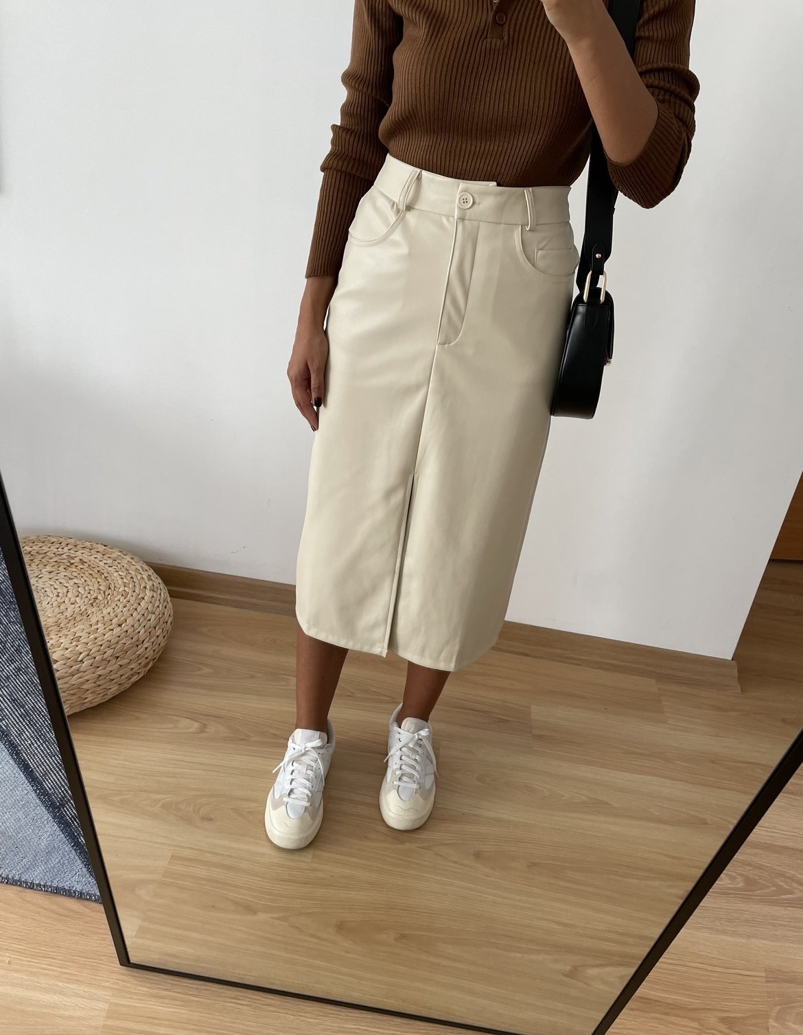 Taş Renk Premium Yırtmaçlı Deri Etek