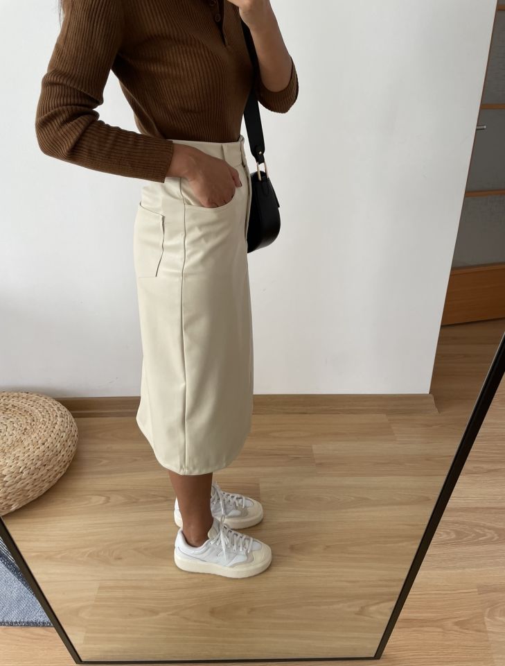 Maren Taş Renk Premium Yırtmaçlı Deri Etek