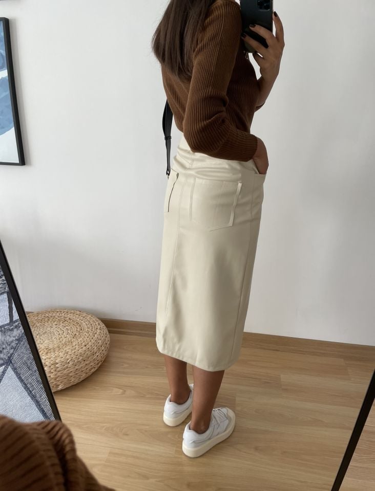 Maren Taş Renk Premium Yırtmaçlı Deri Etek