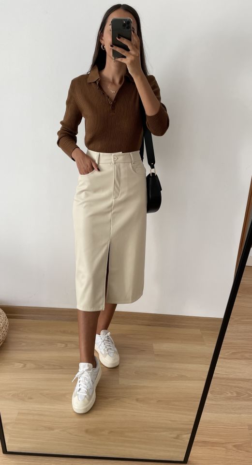 Maren Taş Renk Premium Yırtmaçlı Deri Etek