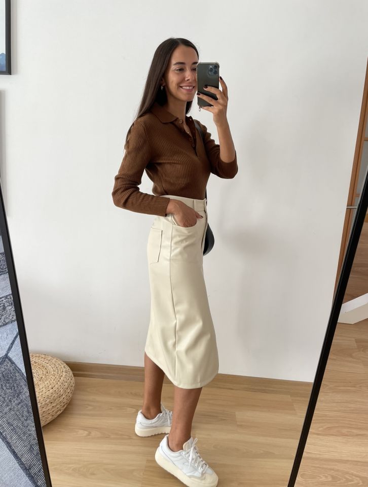 Maren Taş Renk Premium Yırtmaçlı Deri Etek