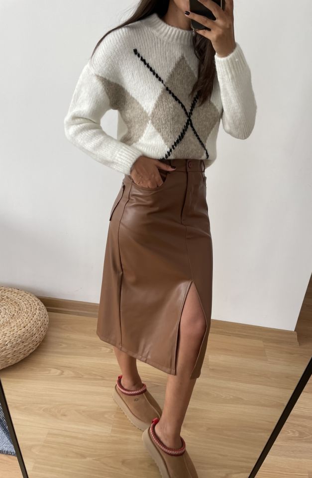 Maren Taba Premium Yırtmaçlı Deri Etek