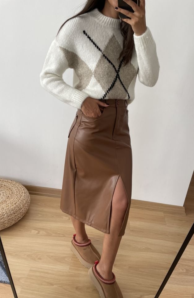 Maren Taba Premium Yırtmaçlı Deri Etek