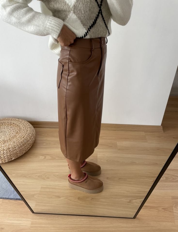 Maren Taba Premium Yırtmaçlı Deri Etek