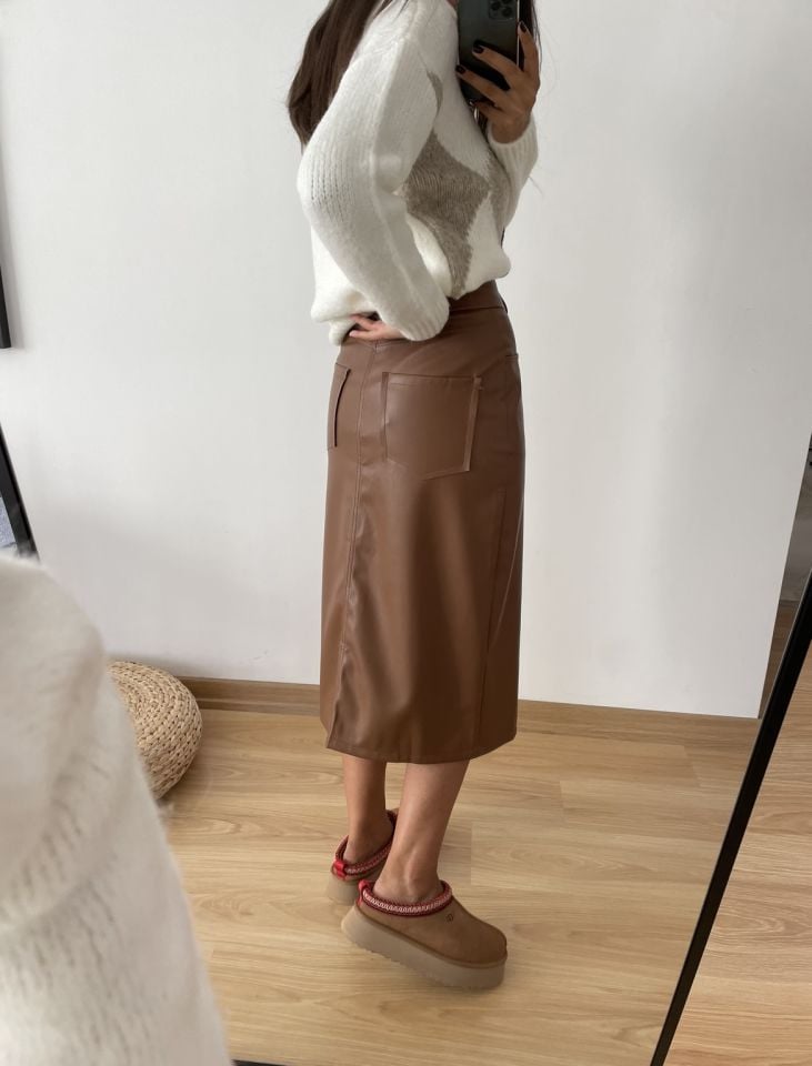 Maren Taba Premium Yırtmaçlı Deri Etek