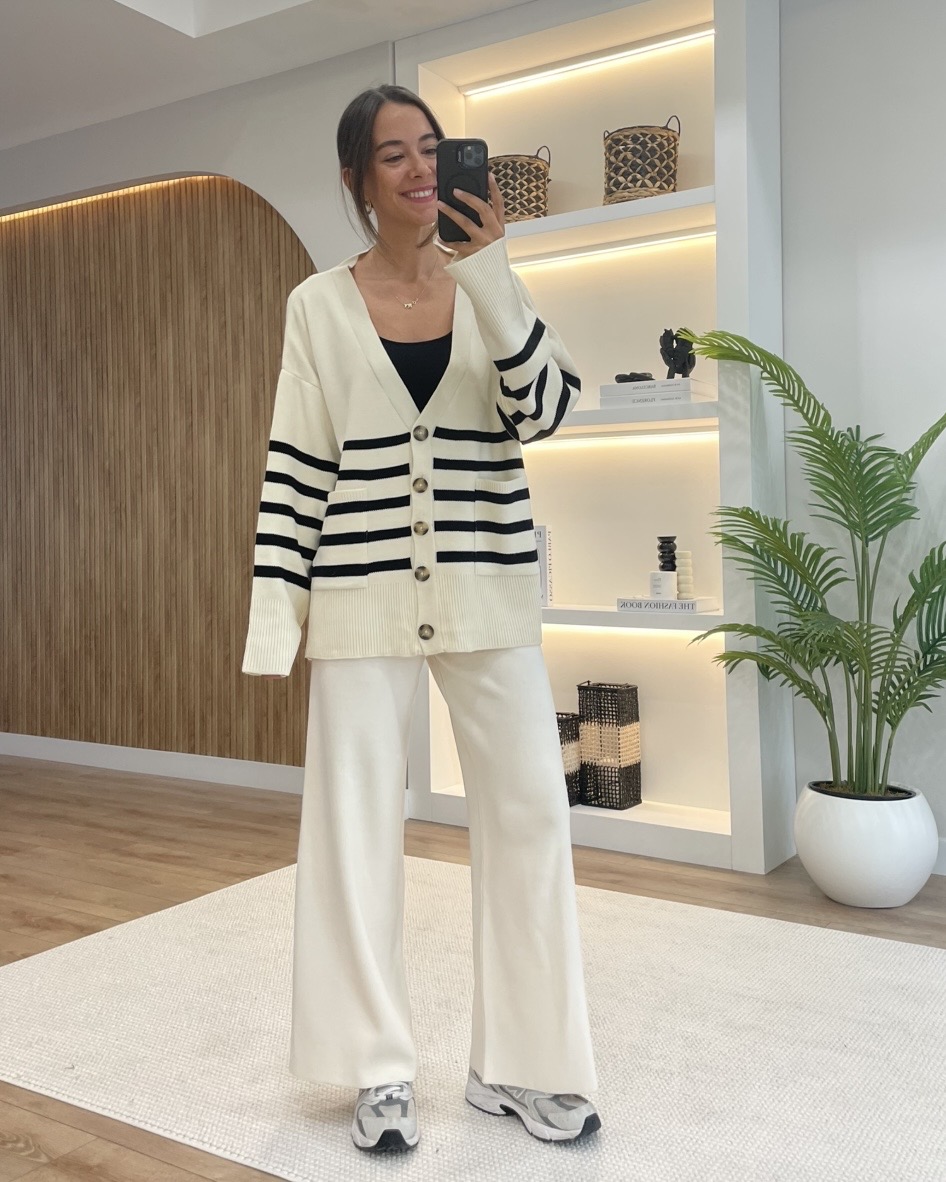 Neva Ekru Çizgili Oversize Hırka