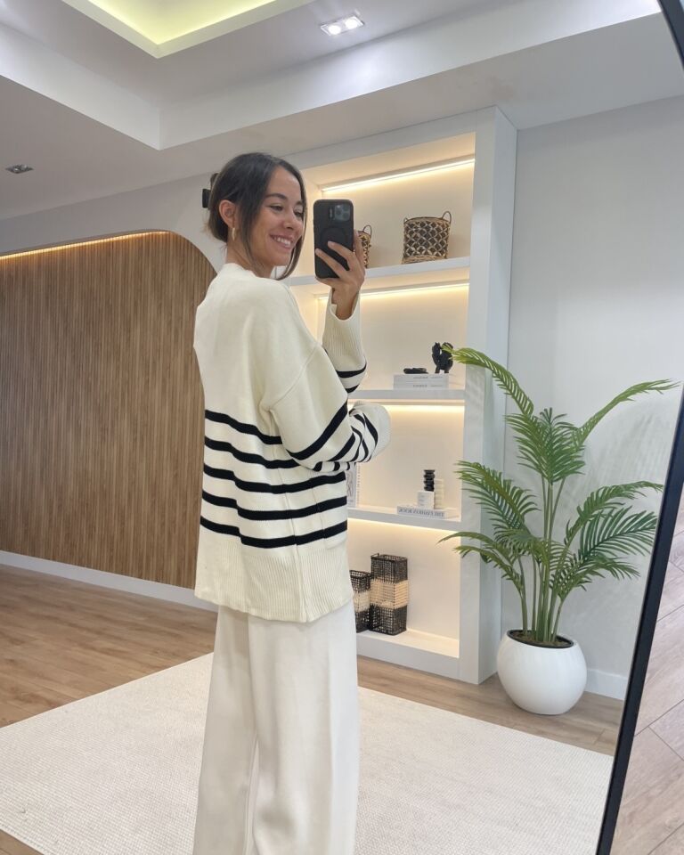 Neva Ekru Çizgili Oversize Hırka