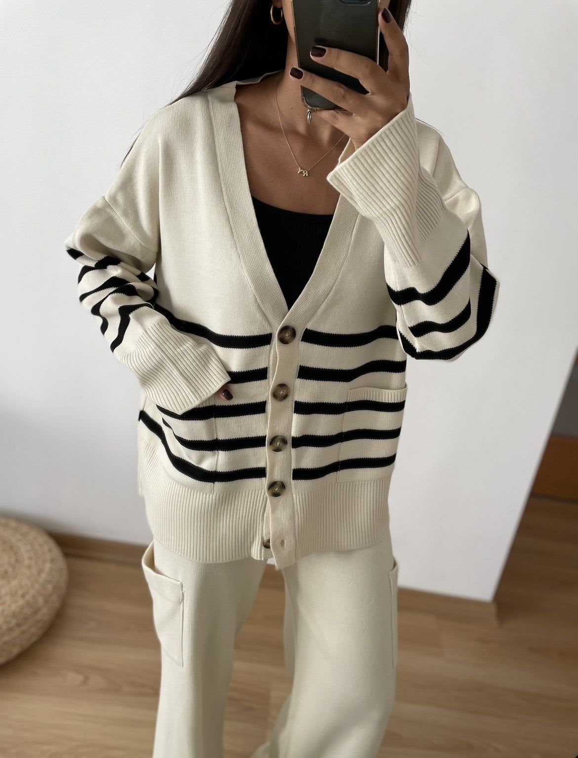 Neva Ekru Çizgili Oversize Hırka