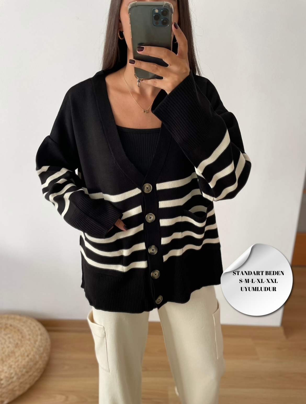 Neva Siyah Çizgili Oversize Hırka