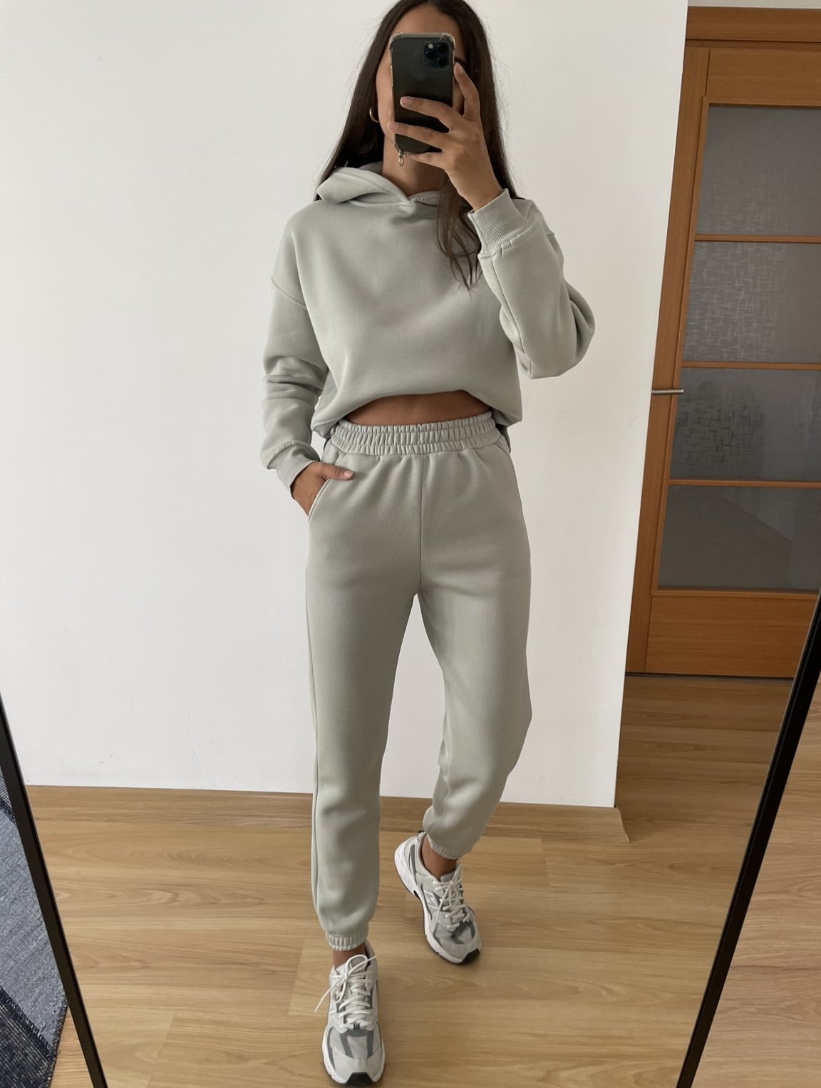 Gri Kapüşonlu Sweatshirt Eşofman Takım