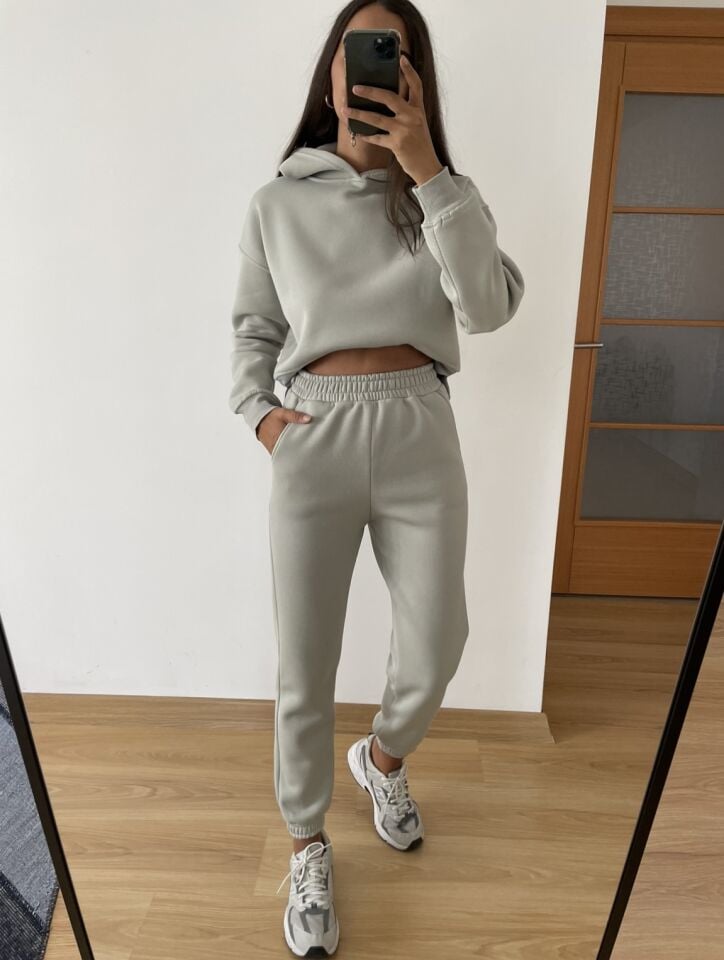 Gri Kapüşonlu Sweatshirt Eşofman Takım