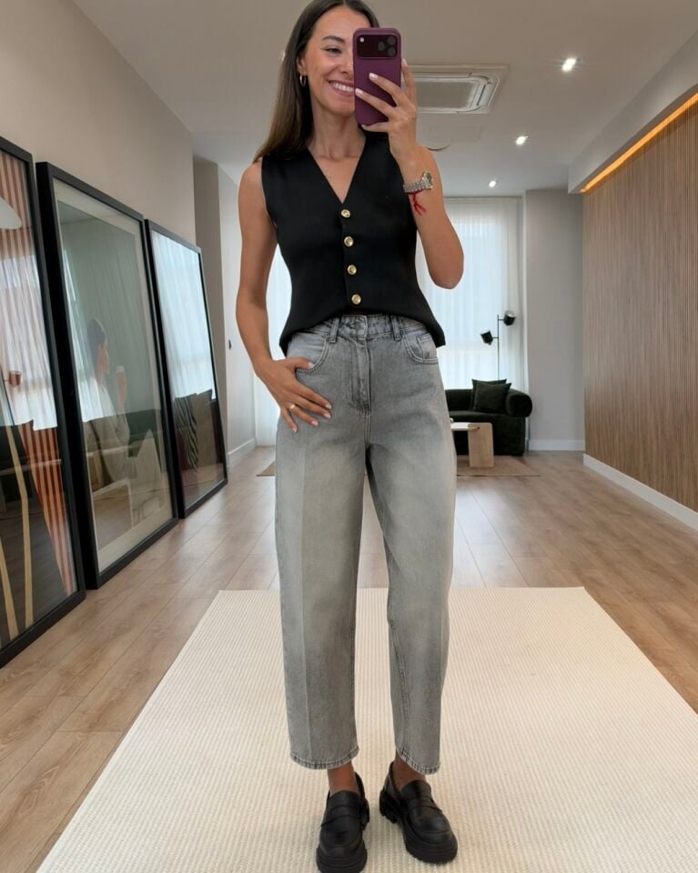 Lisse Açık Gri Barrel Jean