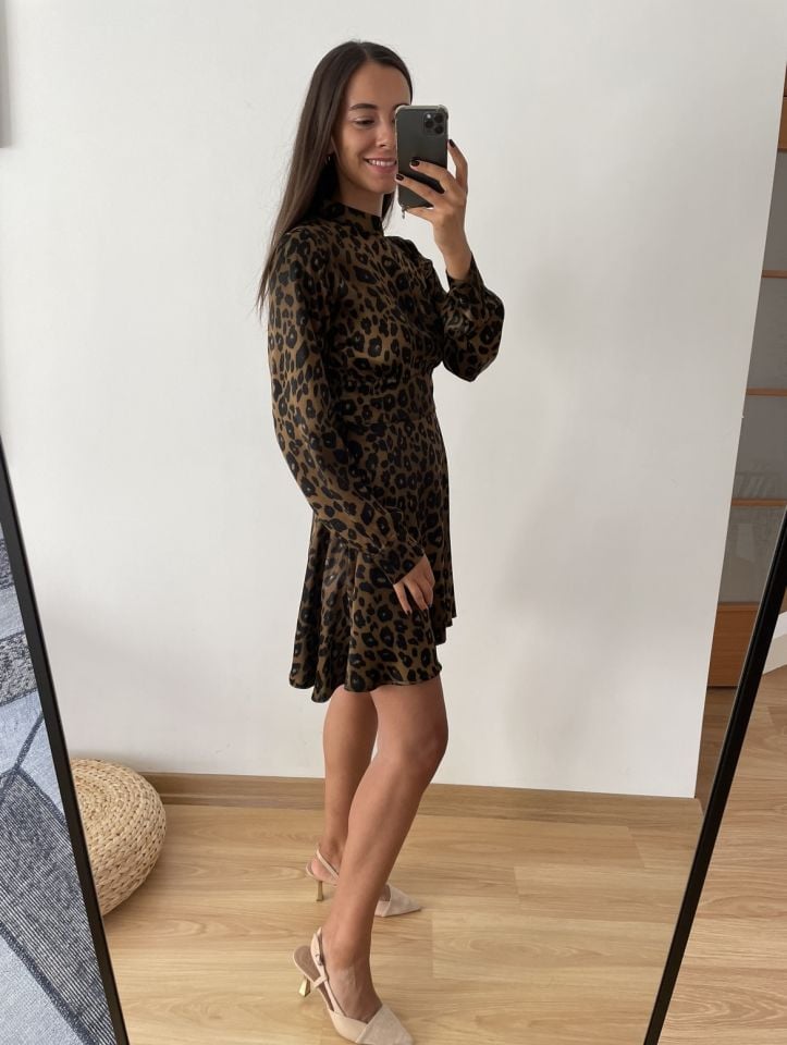 Leyra Leopar Desenli Yanları Volanlı Saten Elbise