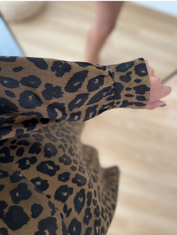 Leyra Leopar Desenli Yanları Volanlı Saten Elbise