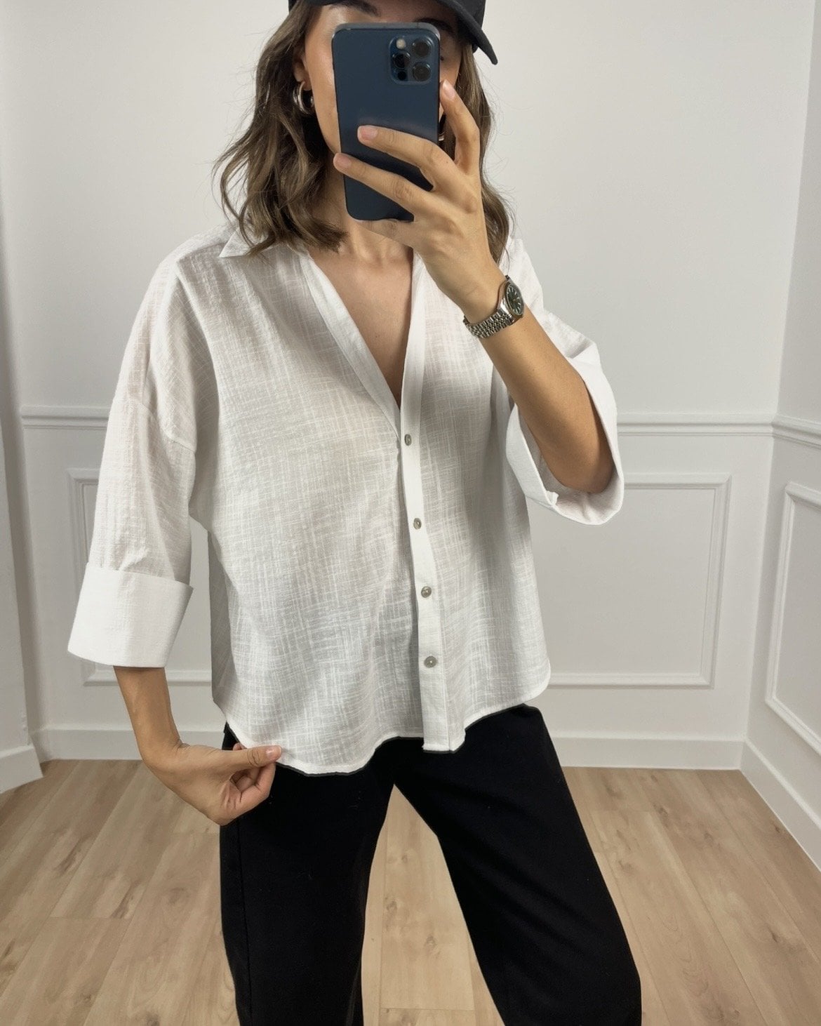 Rona Beyaz Keten Dokulu Gömlek