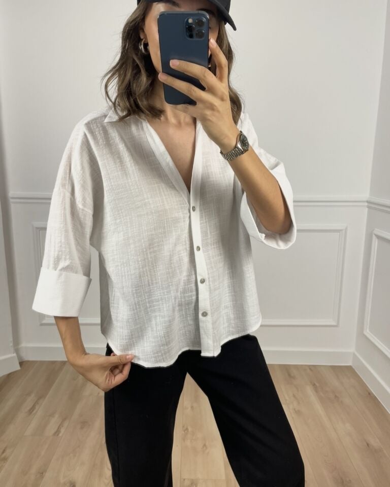 Rona Beyaz Keten Dokulu Gömlek