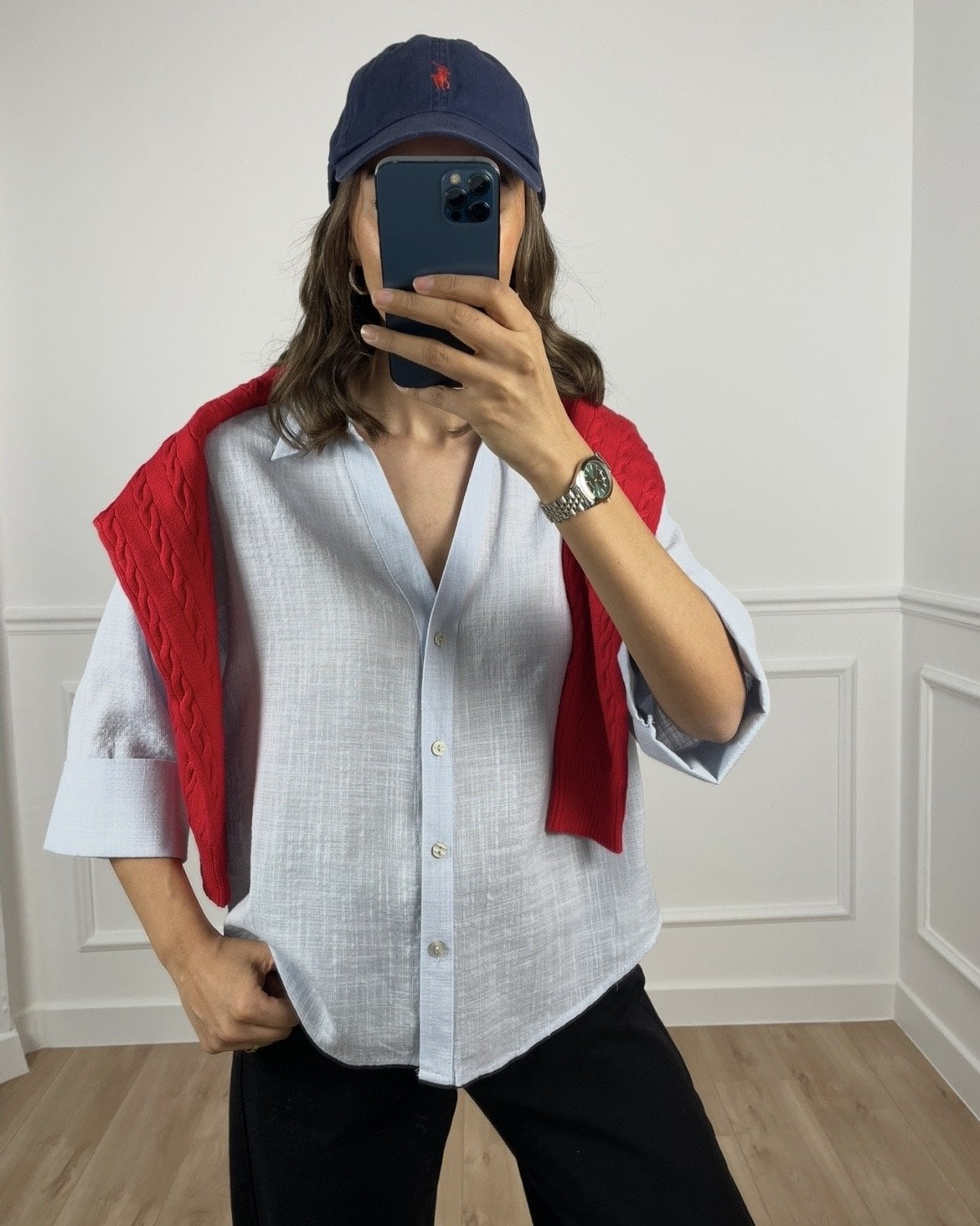 Rona Açık Mavi Keten Dokulu Gömlek