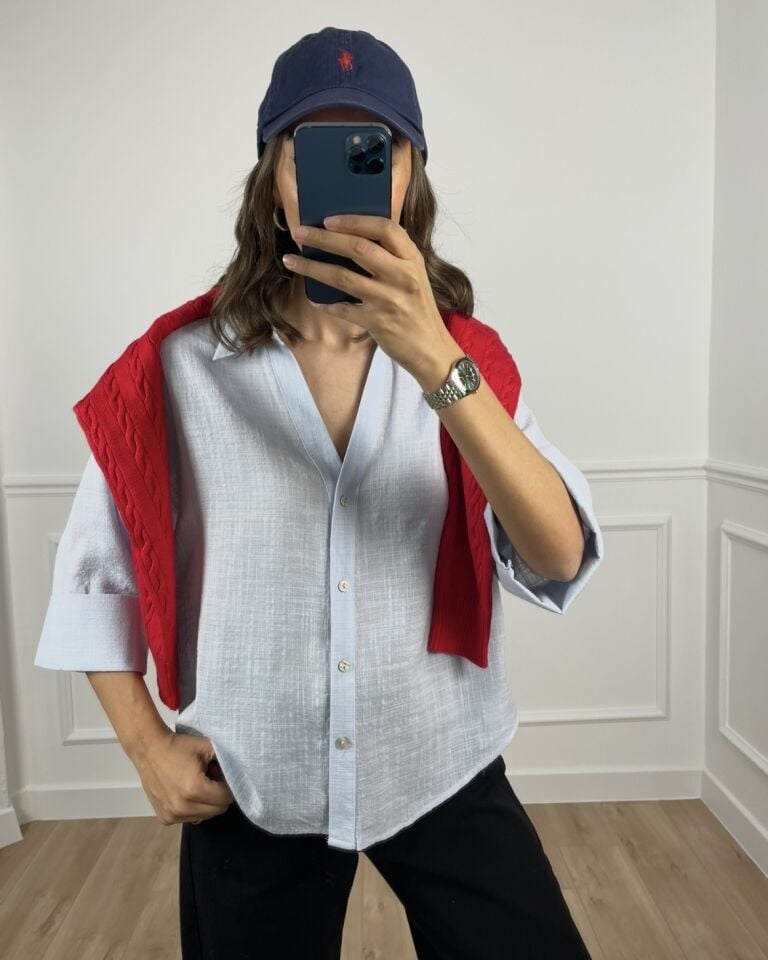 Rona Açık Mavi Keten Dokulu Gömlek