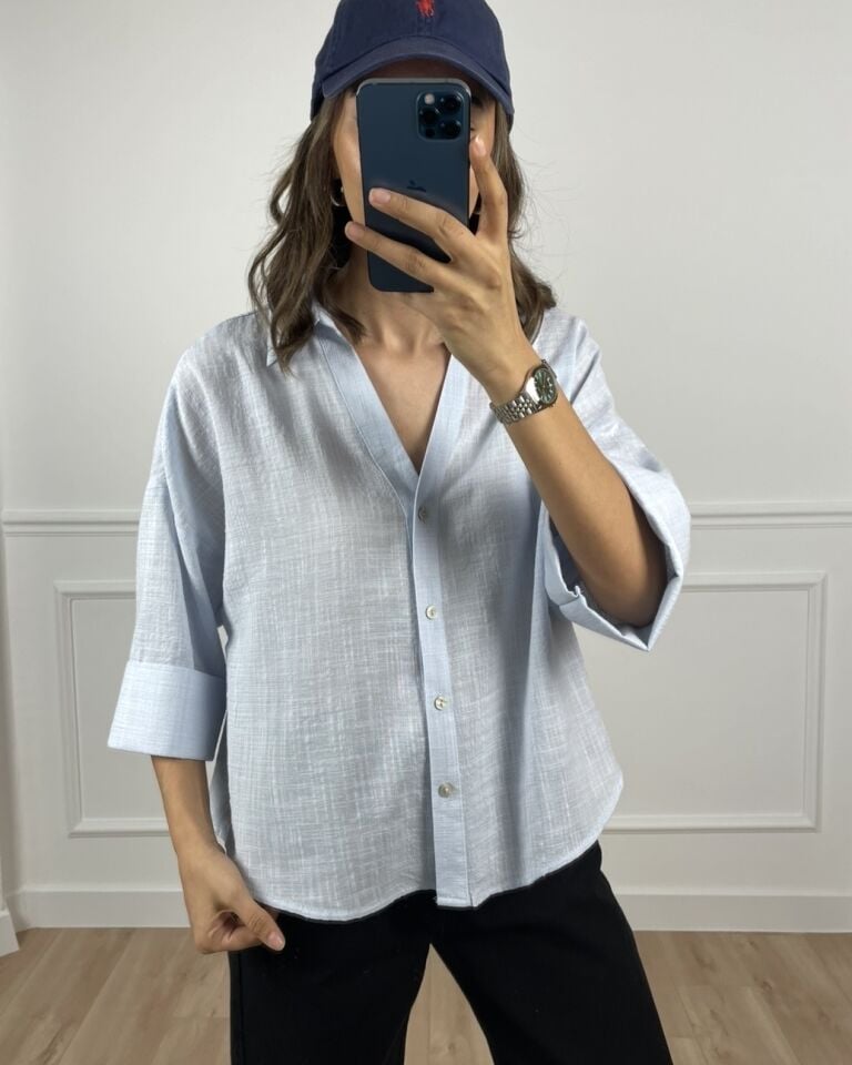 Rona Açık Mavi Keten Dokulu Gömlek