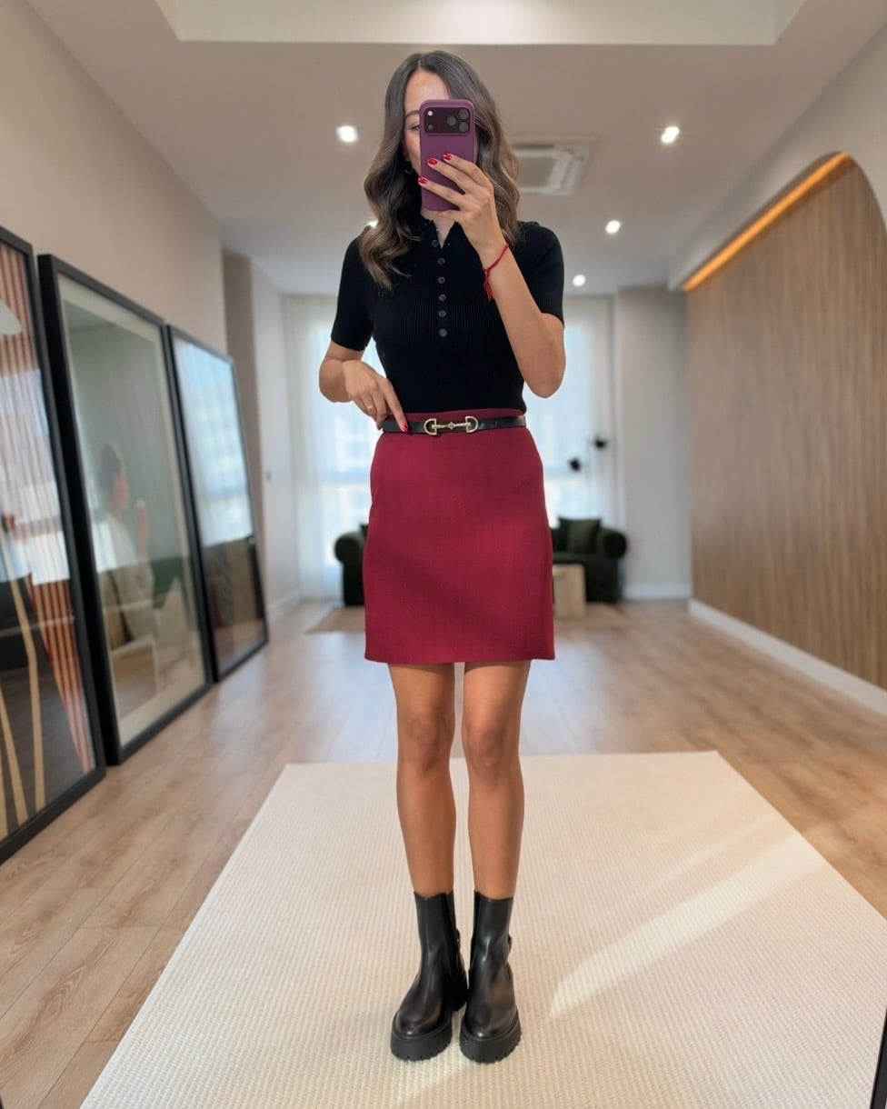 Olyn Bordo Kısa Etek
