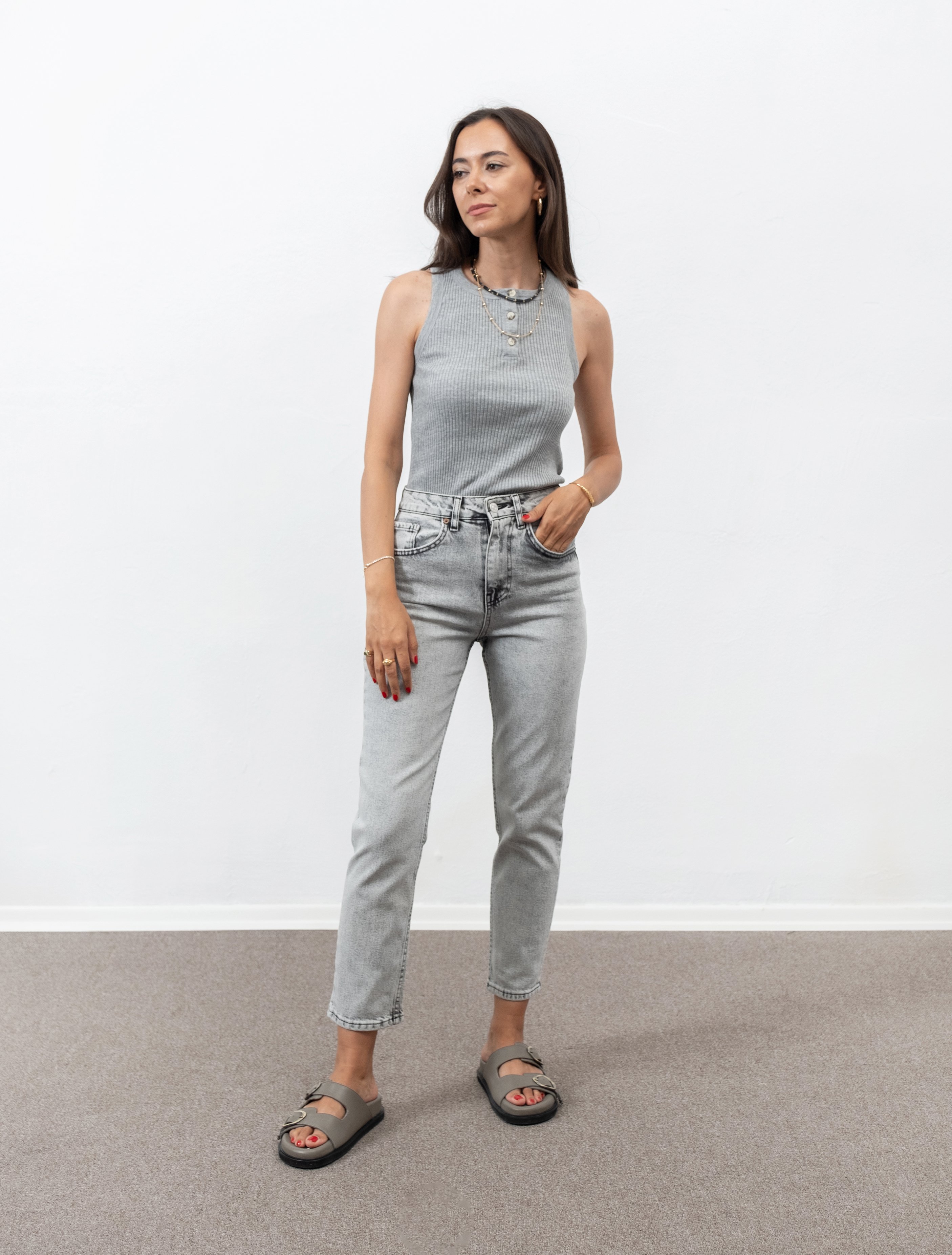 Milena Gri Yüksek Bel Mom Jean