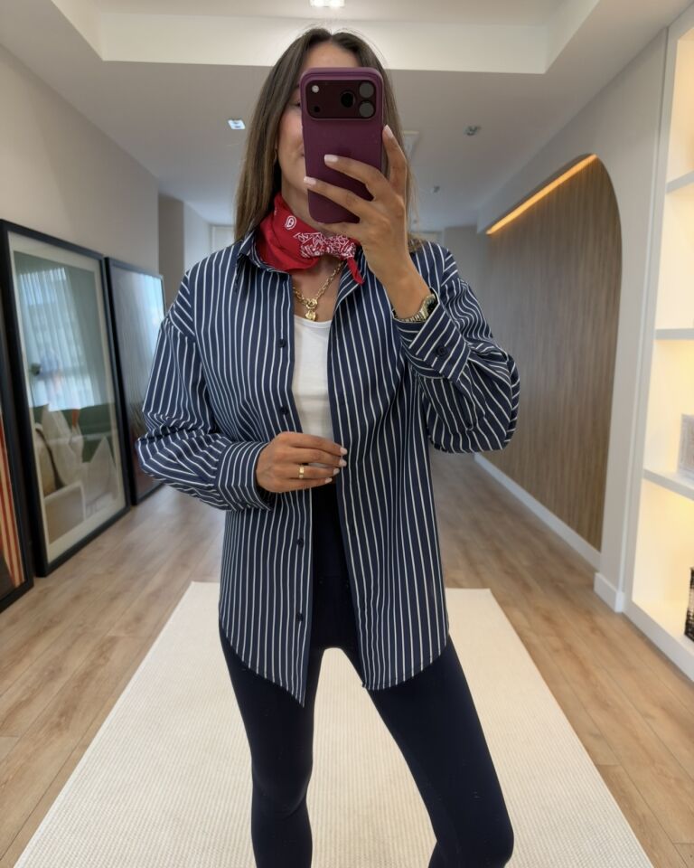Duen Lacivert Çizgili Oversize Gömlek