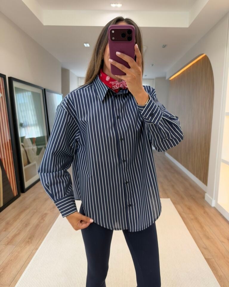 Duen Lacivert Çizgili Oversize Gömlek