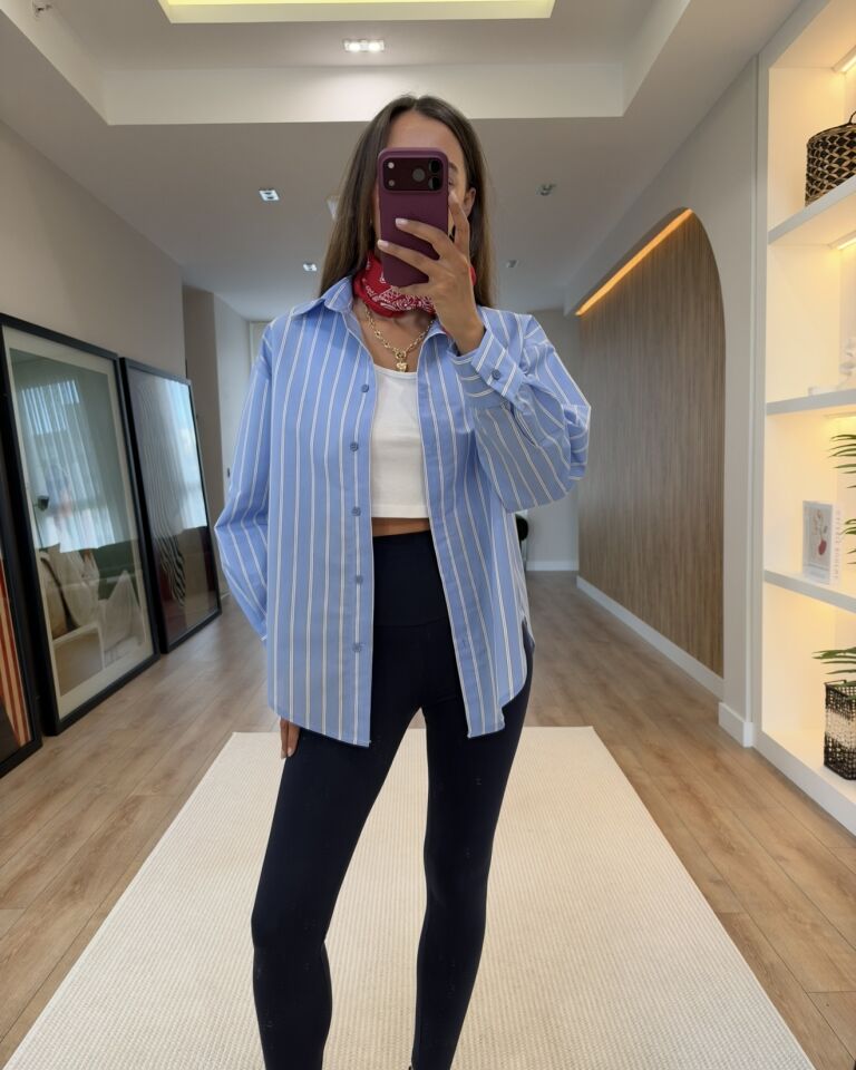 Duen Mavi Çizgili Oversize Gömlek