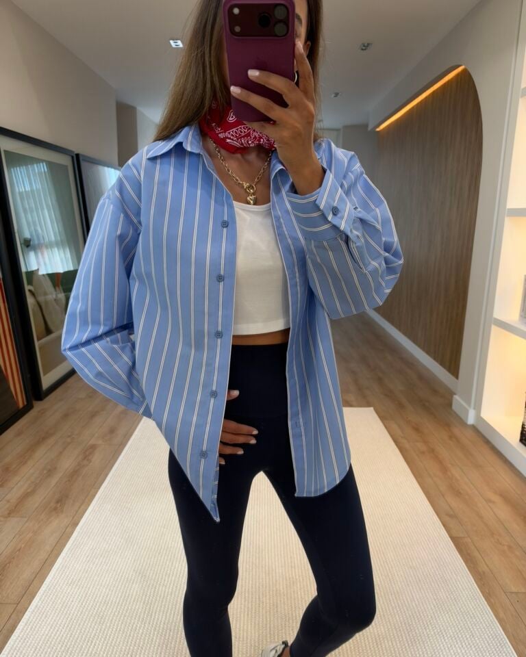 Duen Mavi Çizgili Oversize Gömlek