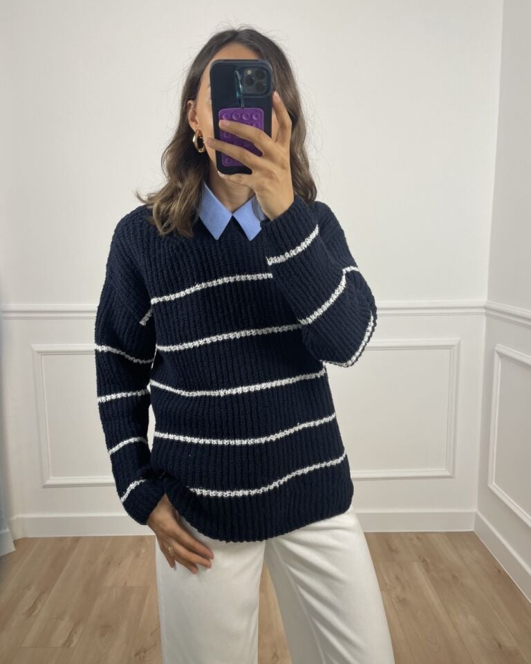 Larisel Lacivert Ekru Çizgili Kazak