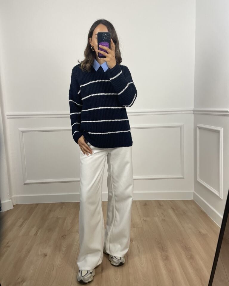 Larisel Lacivert Ekru Çizgili Kazak