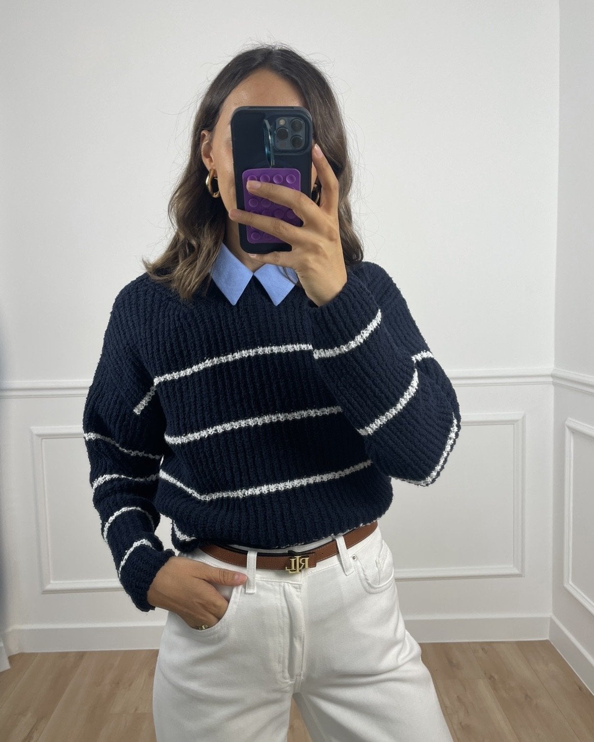 Larisel Lacivert Ekru Çizgili Kazak