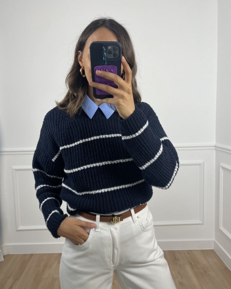 Larisel Lacivert Ekru Çizgili Kazak