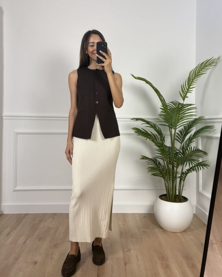 Virella Kahverengi Önü Düğmeli Premium Yelek