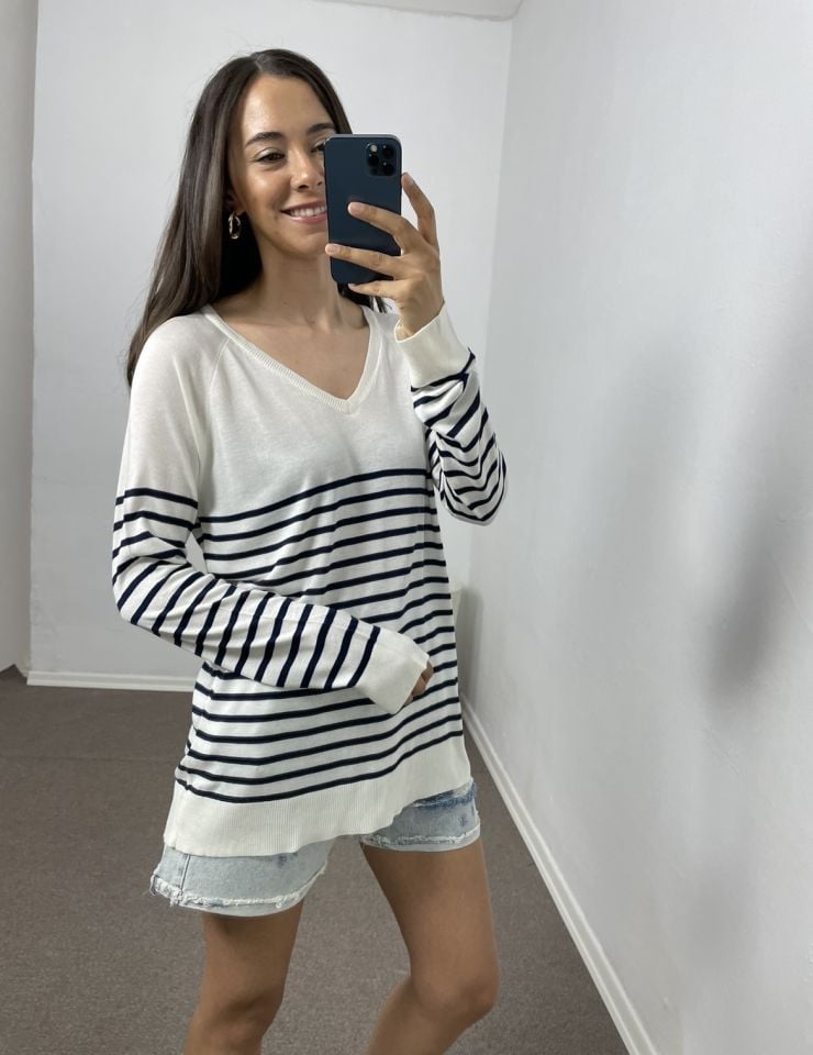 Mirelly Ekru Çizgili Merserize Dokulu Triko