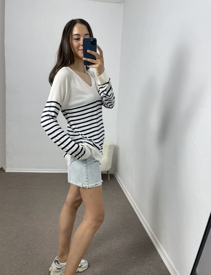 Mirelly Ekru Çizgili Merserize Dokulu Triko