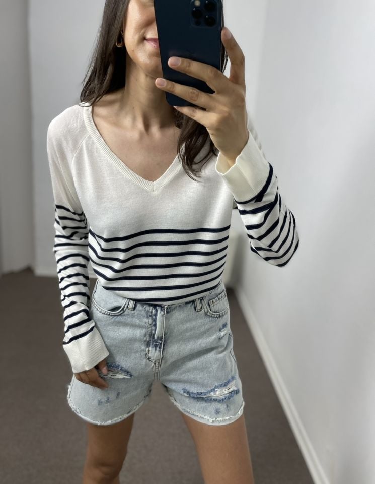 Mirelly Ekru Çizgili Merserize Dokulu Triko