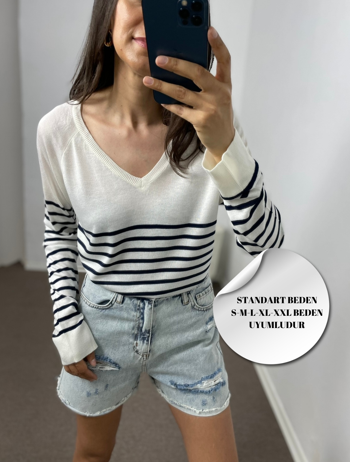 Mirelly Ekru Çizgili Merserize Dokulu Triko