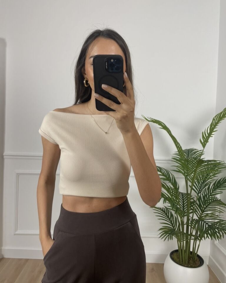 Dora Bej Geniş Yaka Fitilli Premium Bluz