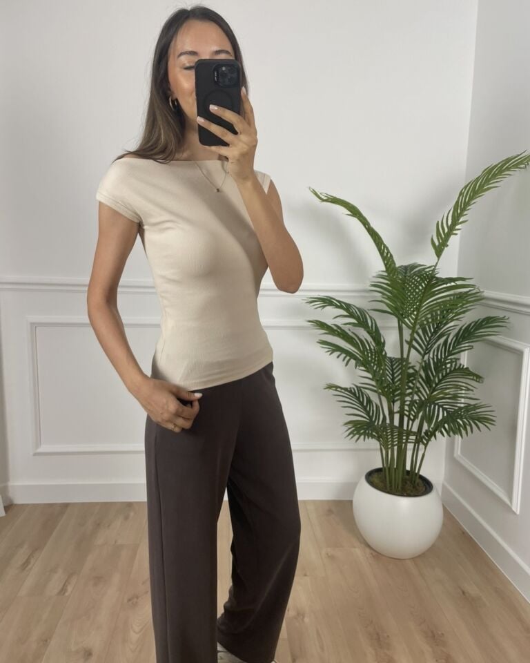 Dora Bej Geniş Yaka Fitilli Premium Bluz